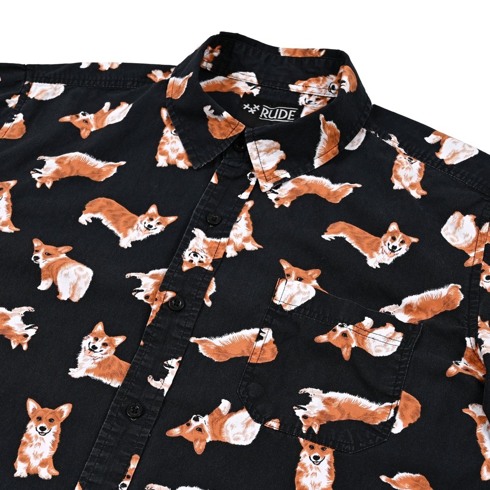 XXX RUDE Corgi All Over Pattern Shirt Mens Medium Black Aloha Hawaiian Dogs Fun